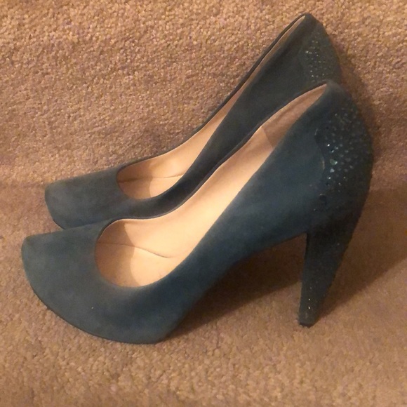 NINE WEST-PRETTY TEAL BLUE SUEDE HI HEEL W/COLORED STONES - Picture 7 of 12